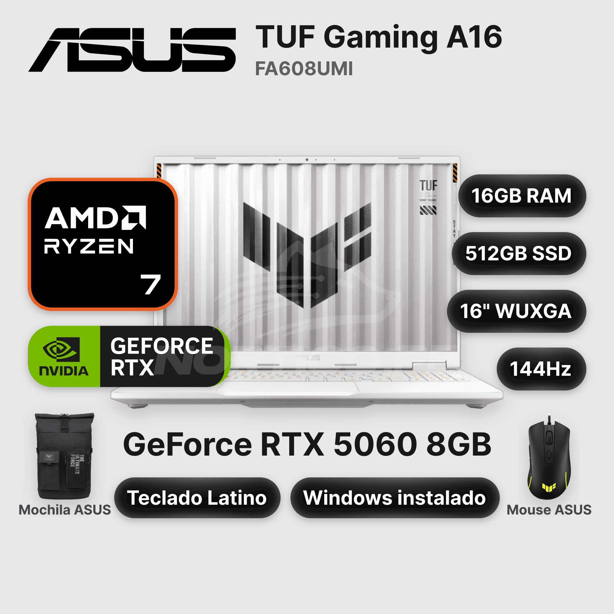 Laptop ASUS TUF Gaming A16 FA608UMI Ryzen 7-260 16GB 512GB SSD RTX 5060 16" (90NR0KV6-M00J90)