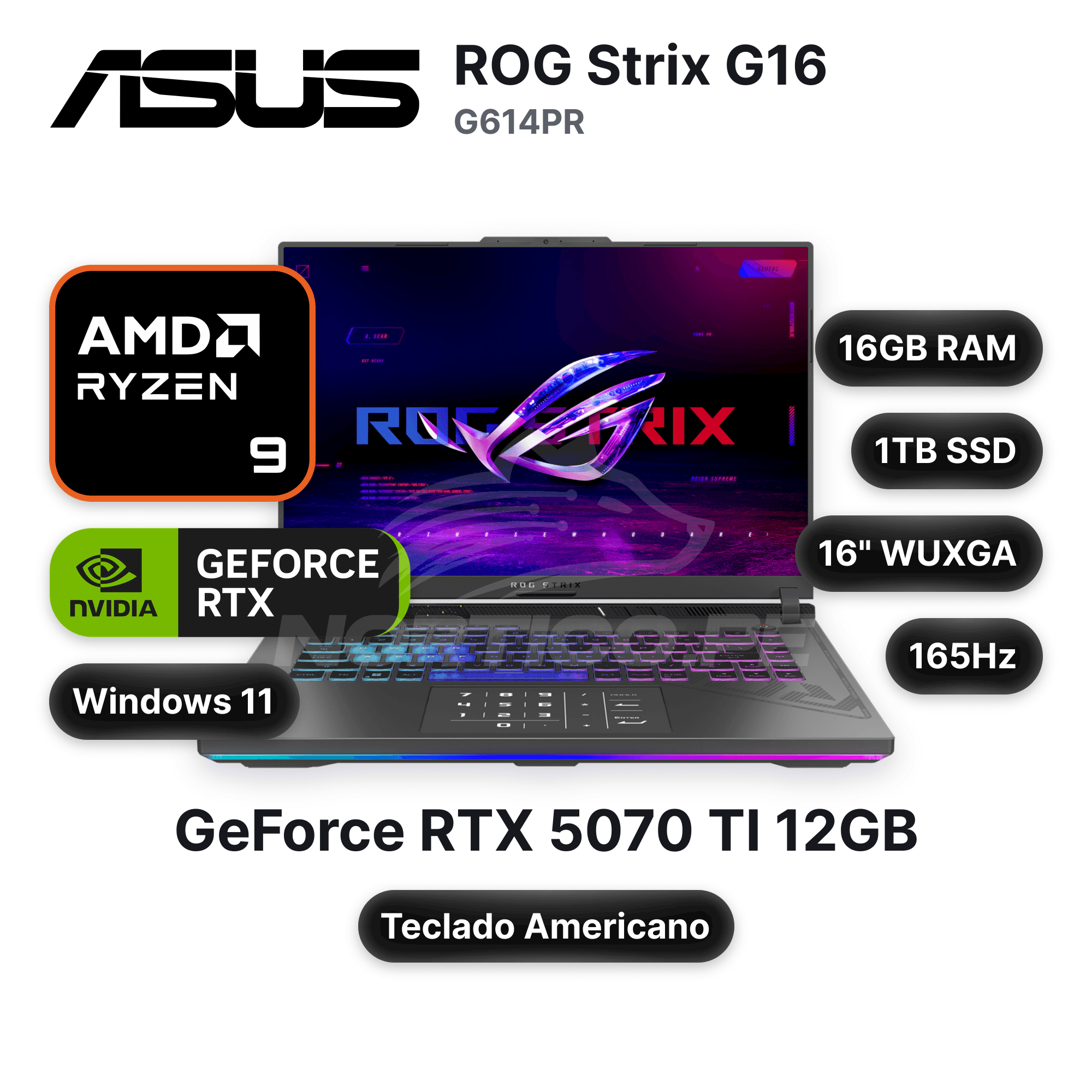 Laptop ASUS ROG Strix G16 G614PR Ryzen 9-8940HX 16GB 1TB SSD RTX 5070 Ti 16" (90NR0NJ7-M002W0)