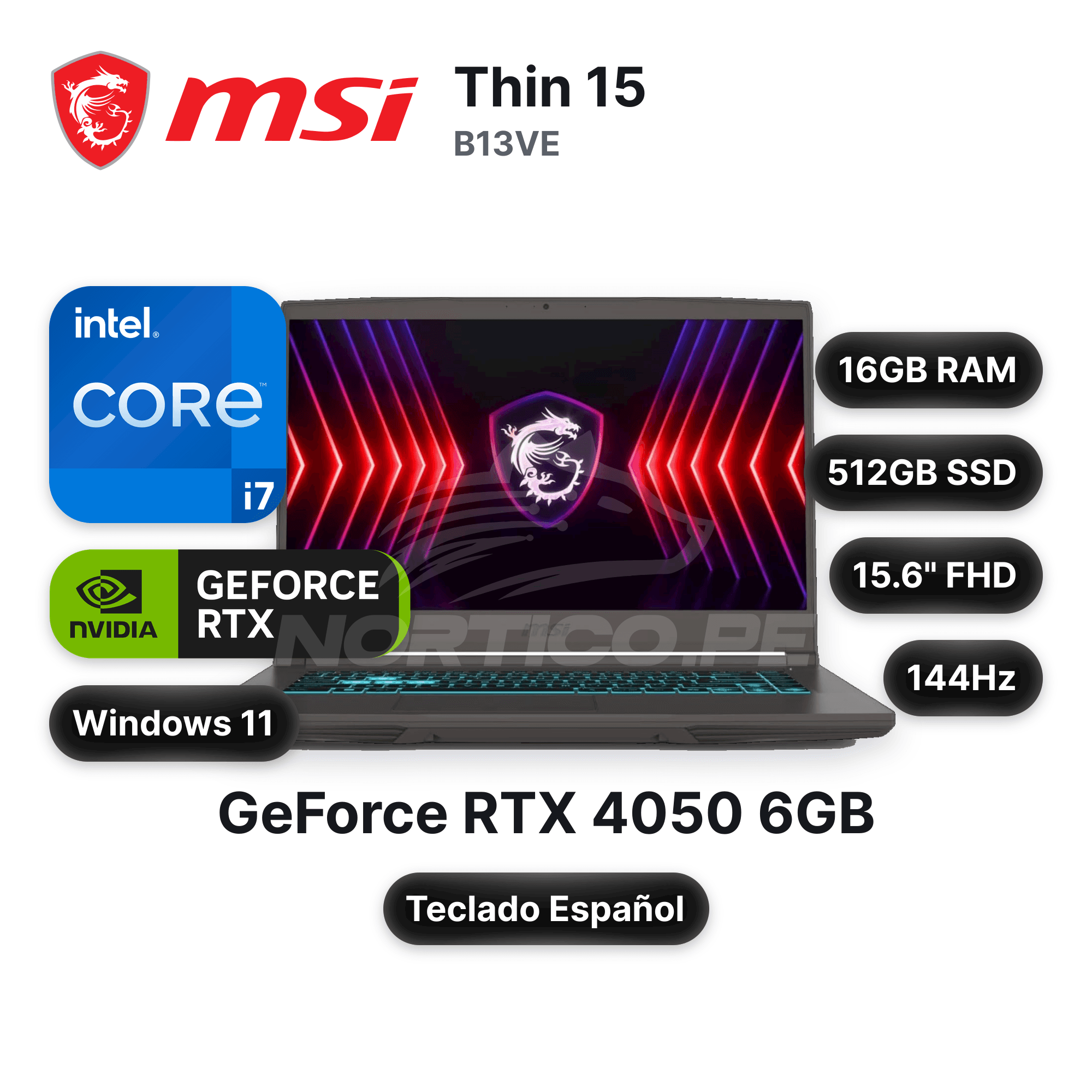 Laptop MSI Thin 15 B13VE Core I7-13620H 16GB 512GB SSD RTX 4050 15.6" (9S7-16R831-3015)