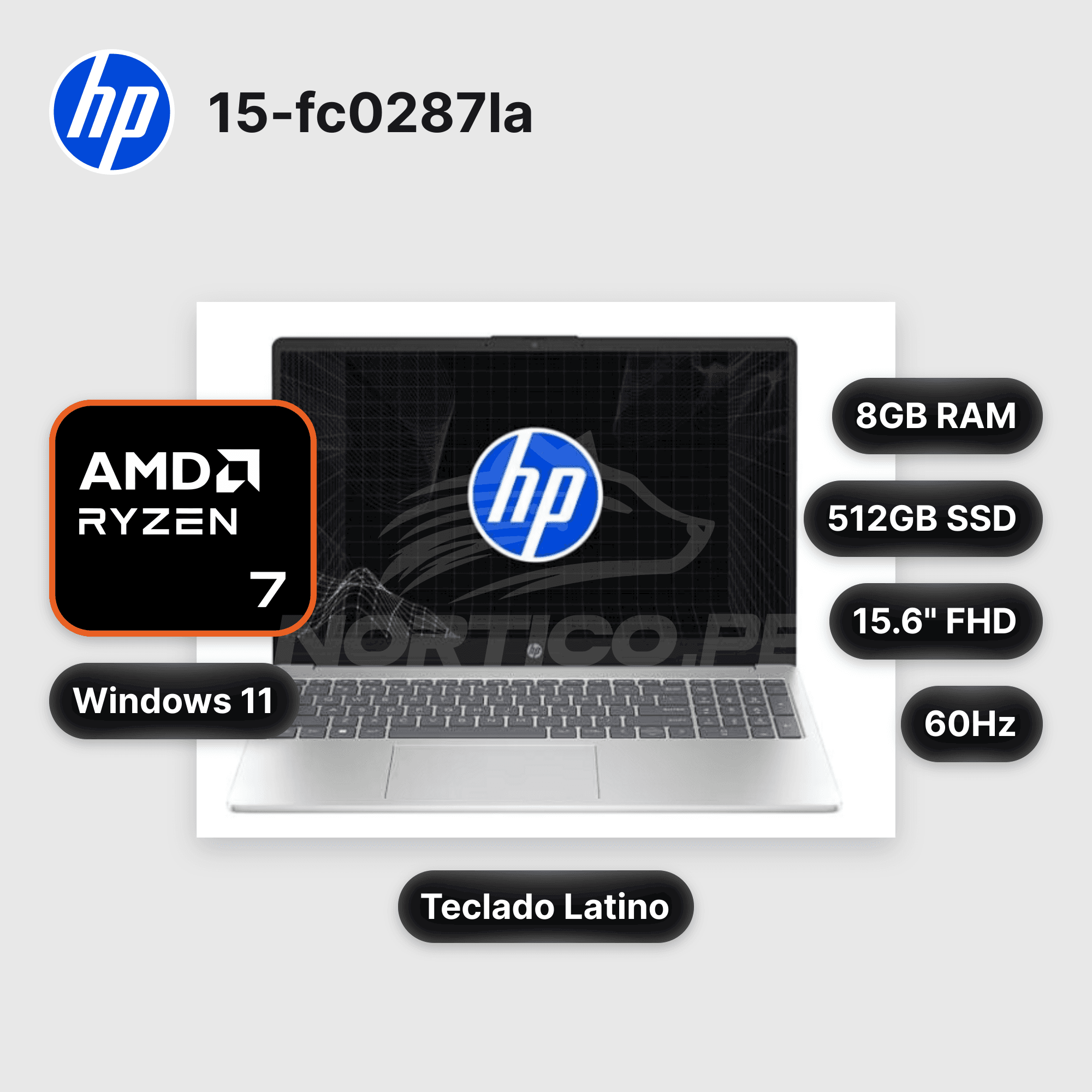 Laptop HP 15-fc0287la Ryzen 7-7730U 8GB 512GB SSD 15.6" (C92PXLA#ABM)