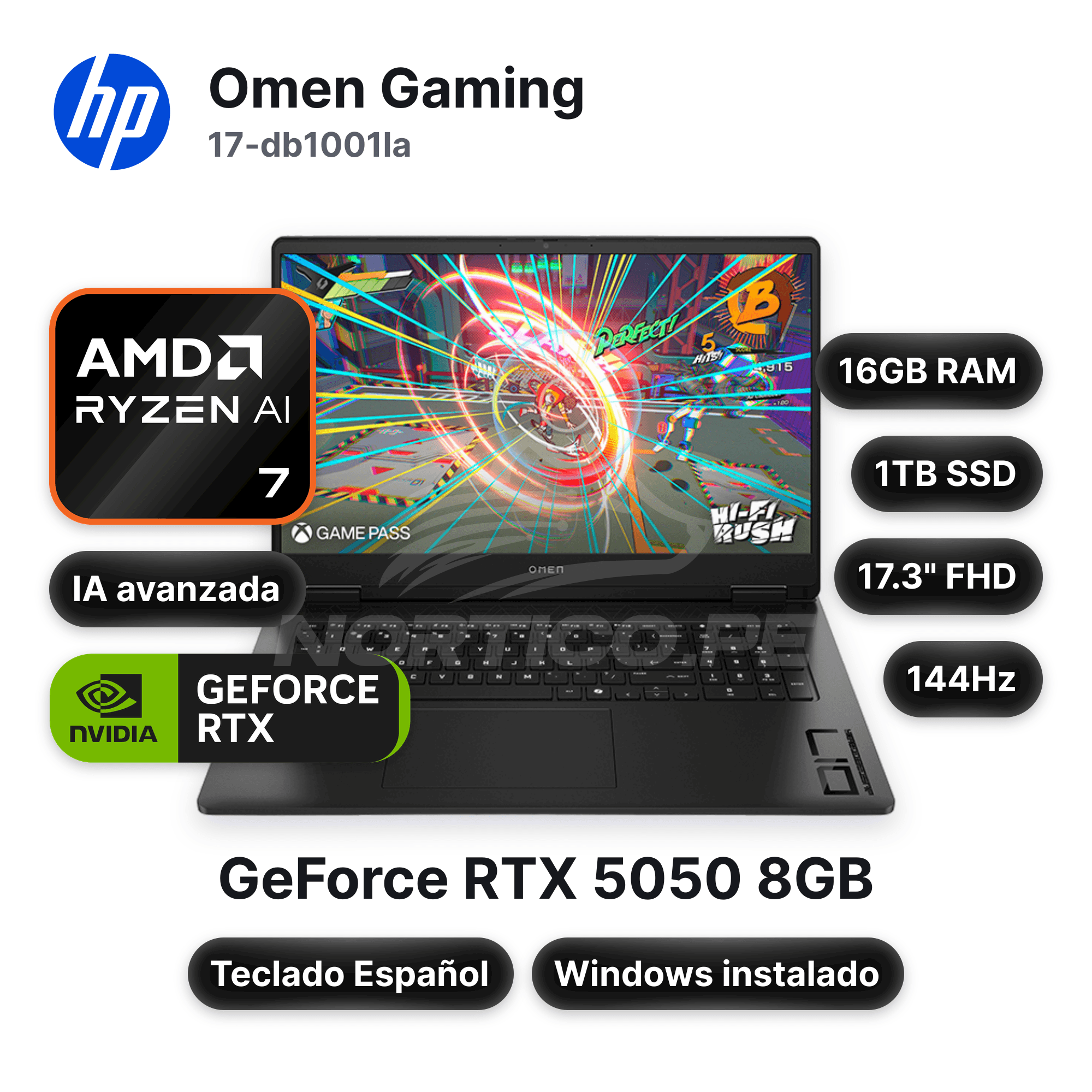 Laptop HP Omen Gaming 17-db1001la Ryzen AI 7 350 16GB 1TB SSD RTX 5050 17.3" (CW4E3LA#ABM)
