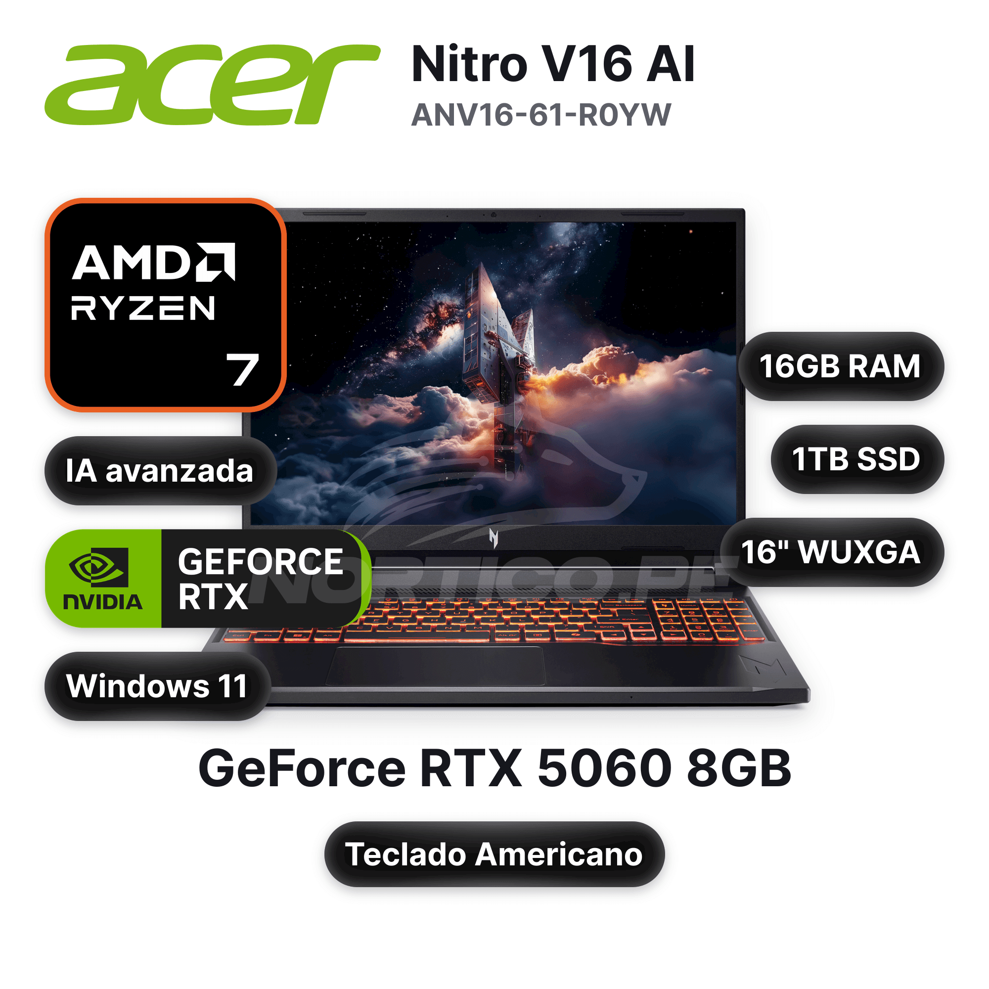 Laptop Acer Nitro V16 AI ANV16-61-R0YW Ryzen 7-350 16GB 1TB SSD RTX 5060 16" (NH.U25AA.001)