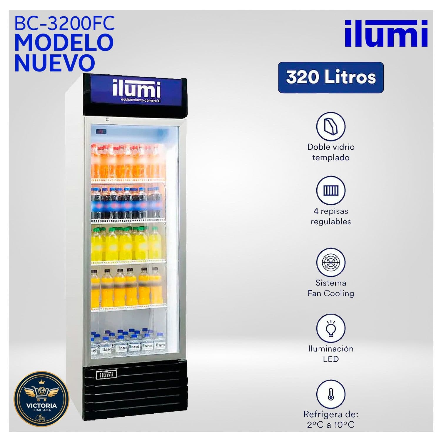 Exhibidor Ilumi BC-3200FC Vertical Con Sistema Fan Cooling 320Lt - Blanco
