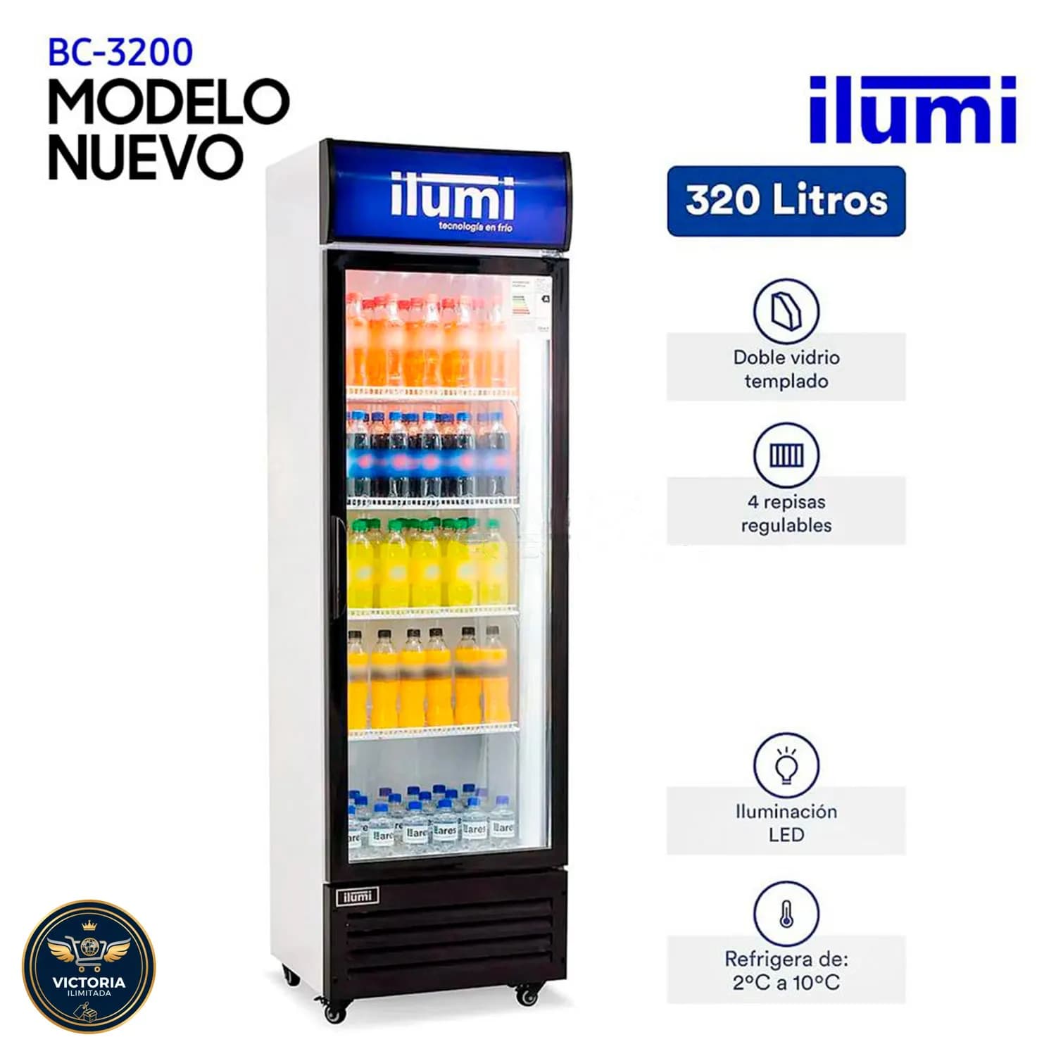 Exhibidor Ilumi Vertical 320 Lts 1 Puertas Vidrio Blanco - BC-3200