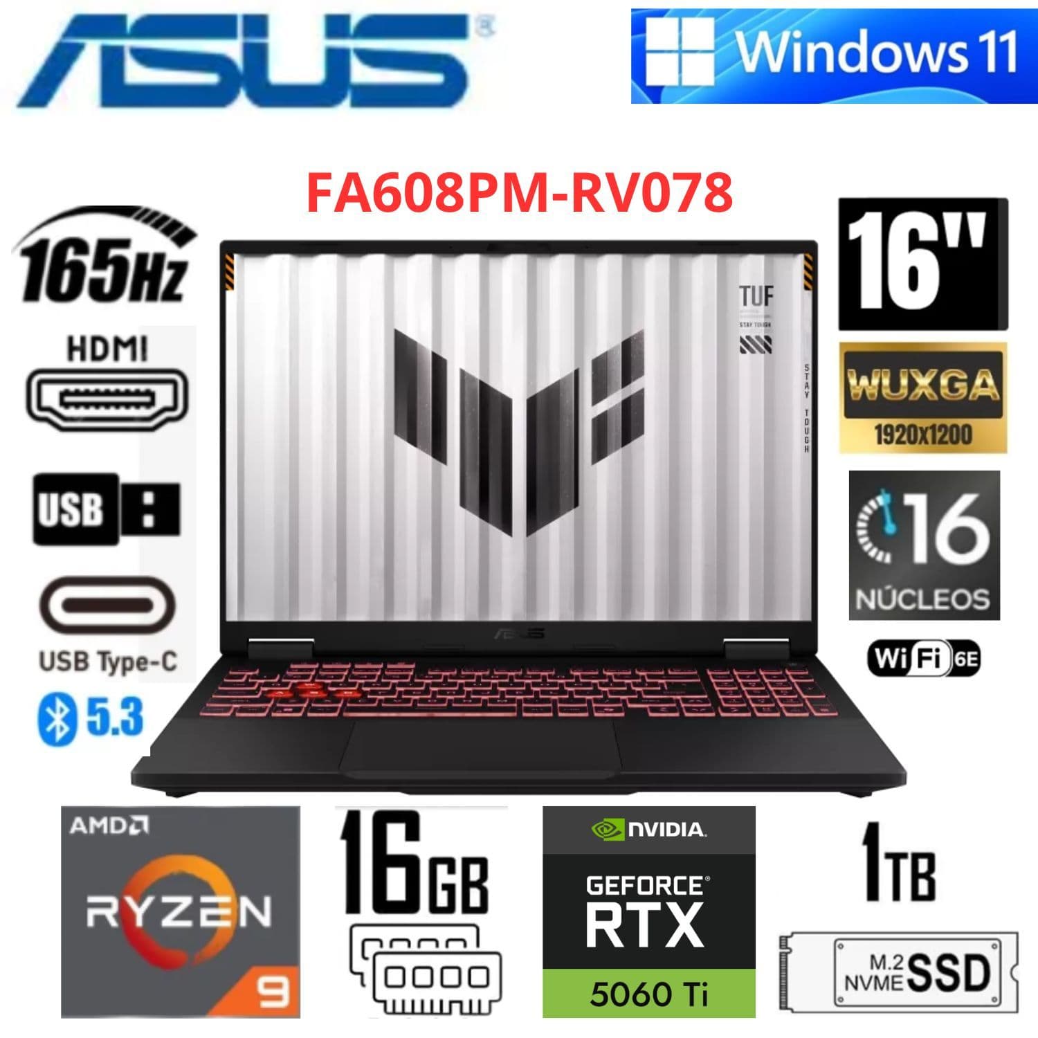 Laptop Gaming ASUS TUF Gaming A16  16" WUXGA Ryzen 9 8940HX 16GB RAM 1TB SSD RTX 5060 8GB