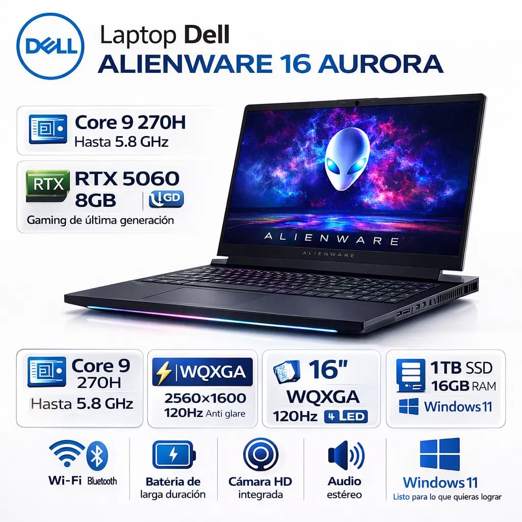 Laptop Dell Alienware 16 Aurora 16″ WQXGA 120Hz Intel Core 9 270H 16GB RAM 1TB SSD RTX 5060 8GB W11
