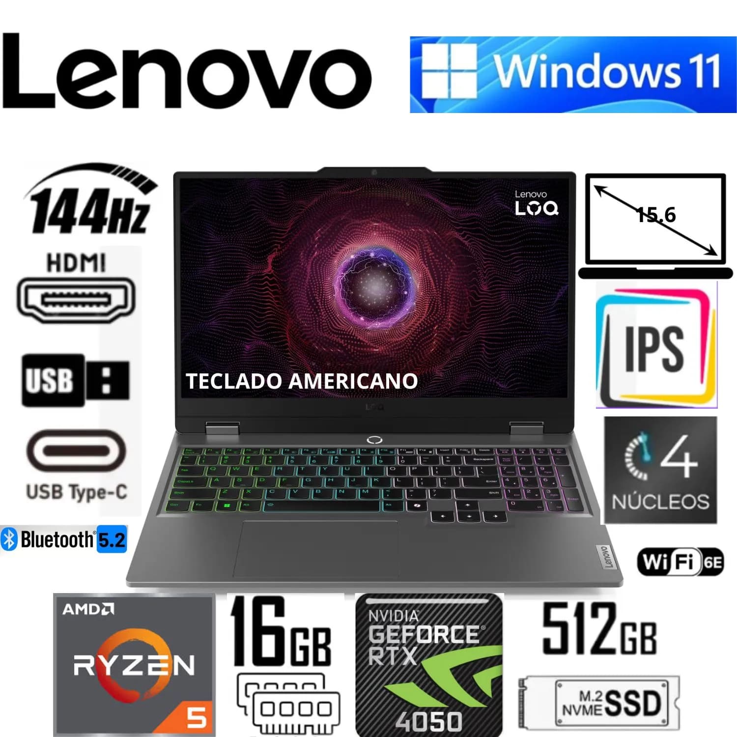Laptop Gamer Lenovo LOQ 15ARP9 Gris 15.6" FHD 144Hz AMD Ryzen 5 7235HS 16GB RAM 512GB SSD RTX 4050 6GB