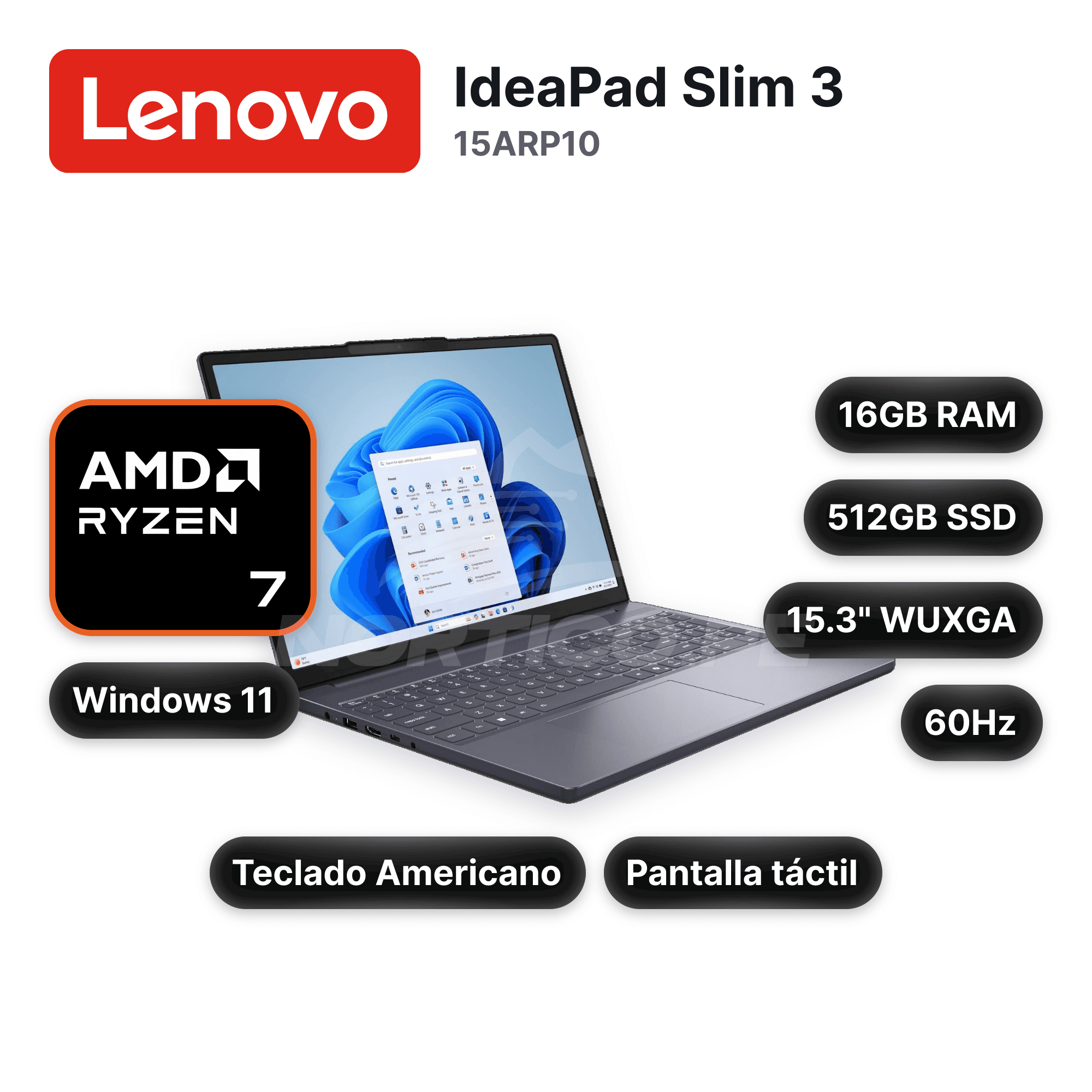 Laptop Lenovo IdeaPad Slim 3 15ARP10 Ryzen 7-170 16GB 512GB SSD 15.3" (83K700TUUS)