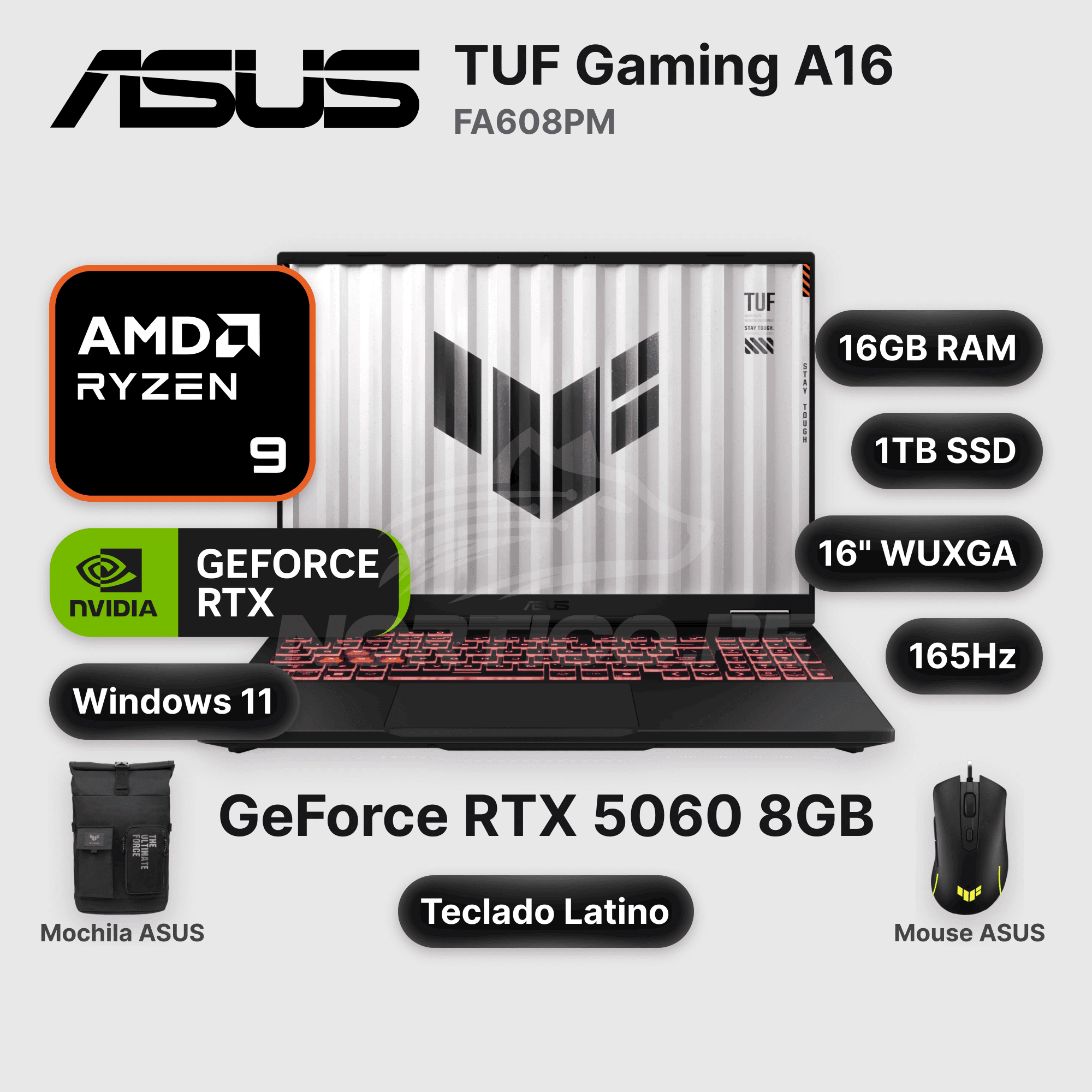 Laptop ASUS TUF Gaming A16 FA608PM Ryzen 9-8940HX 16GB 1TB SSD RTX 5060 16" (90NR0MC1-M005N0)