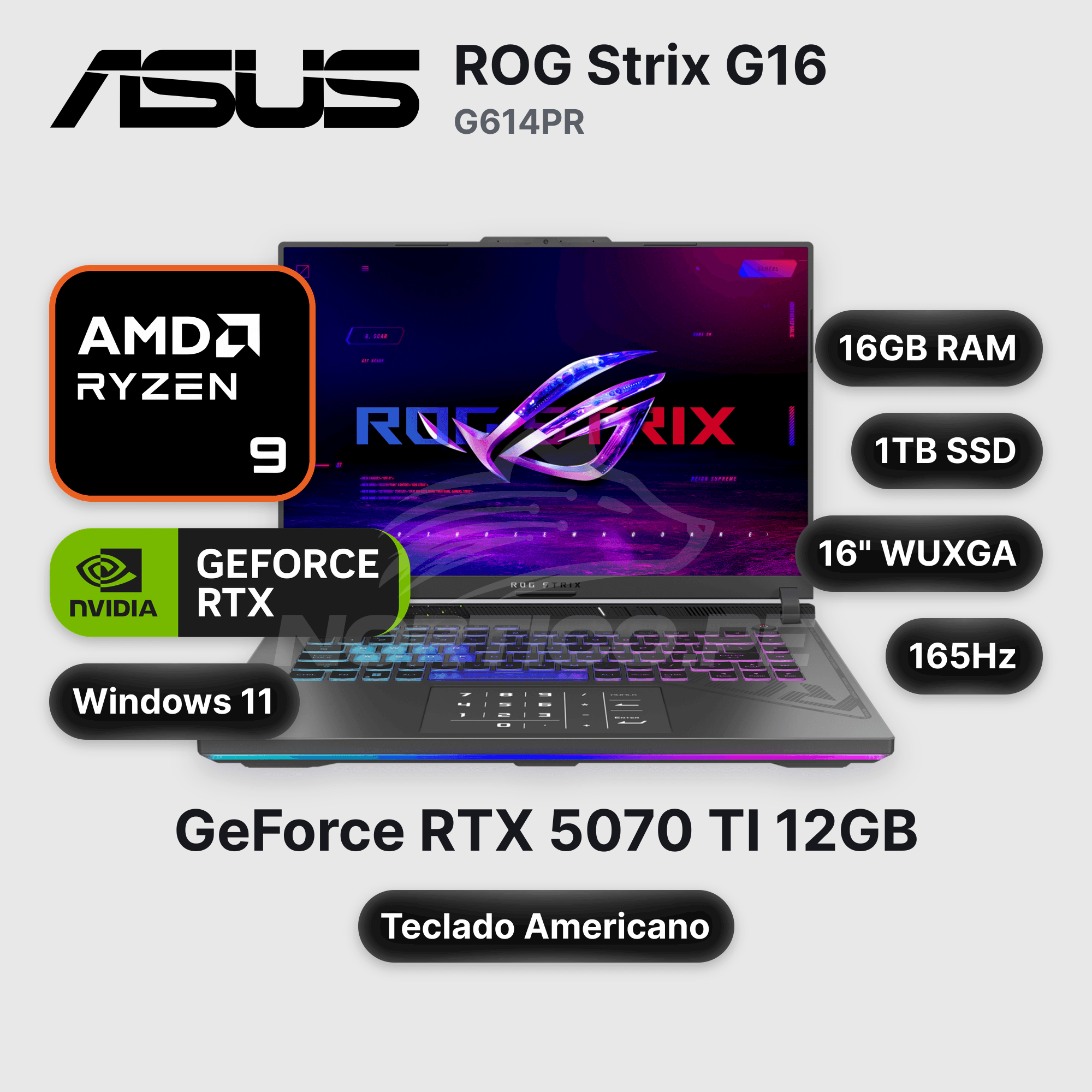 Laptop ASUS ROG Strix G16 G614PR Ryzen 9-8940HX 16GB 1TB SSD RTX 5070 Ti 16" (90NR0NJ7-M002W0)