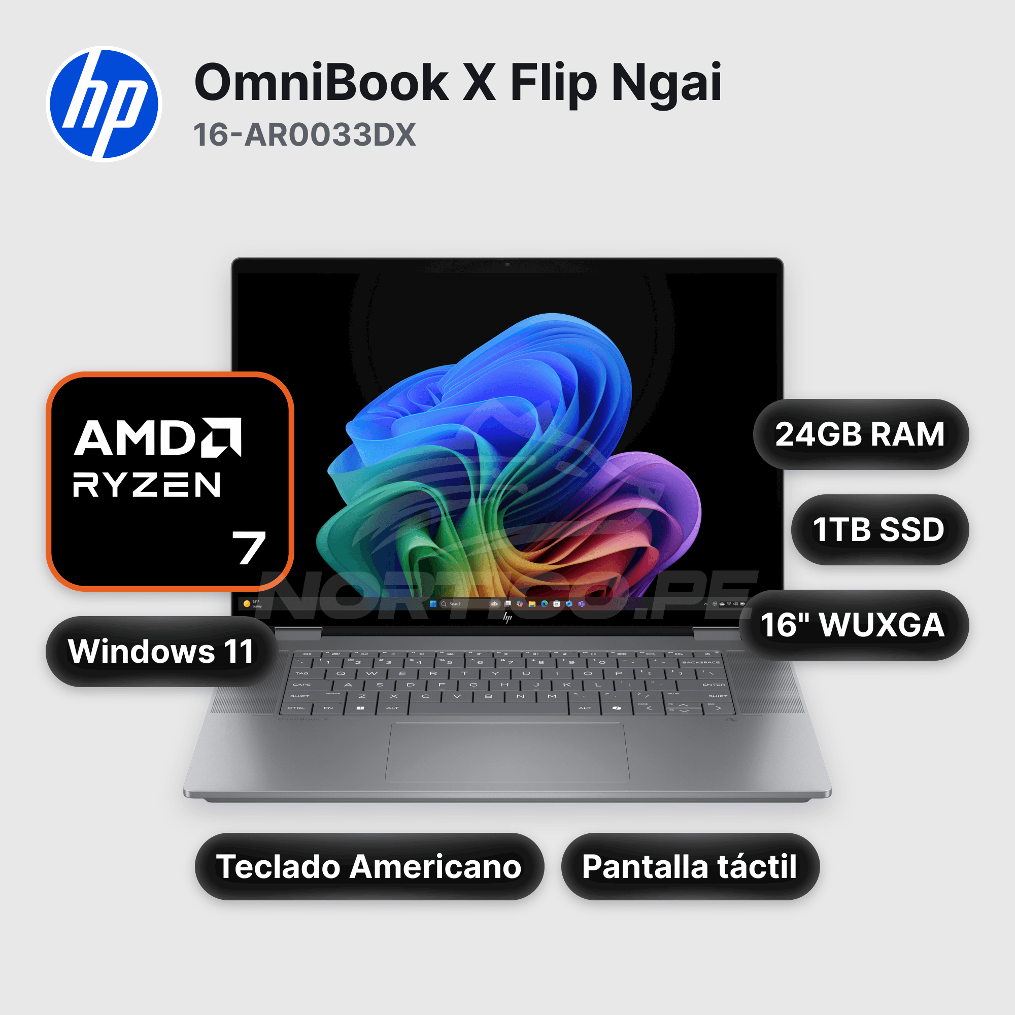 Laptop HP OmniBook X Flip Ngai 16-AR0033DX Ryzen AI 7 350 24GB 1TB SSD 16" (B5UJ5UAR#ABA)