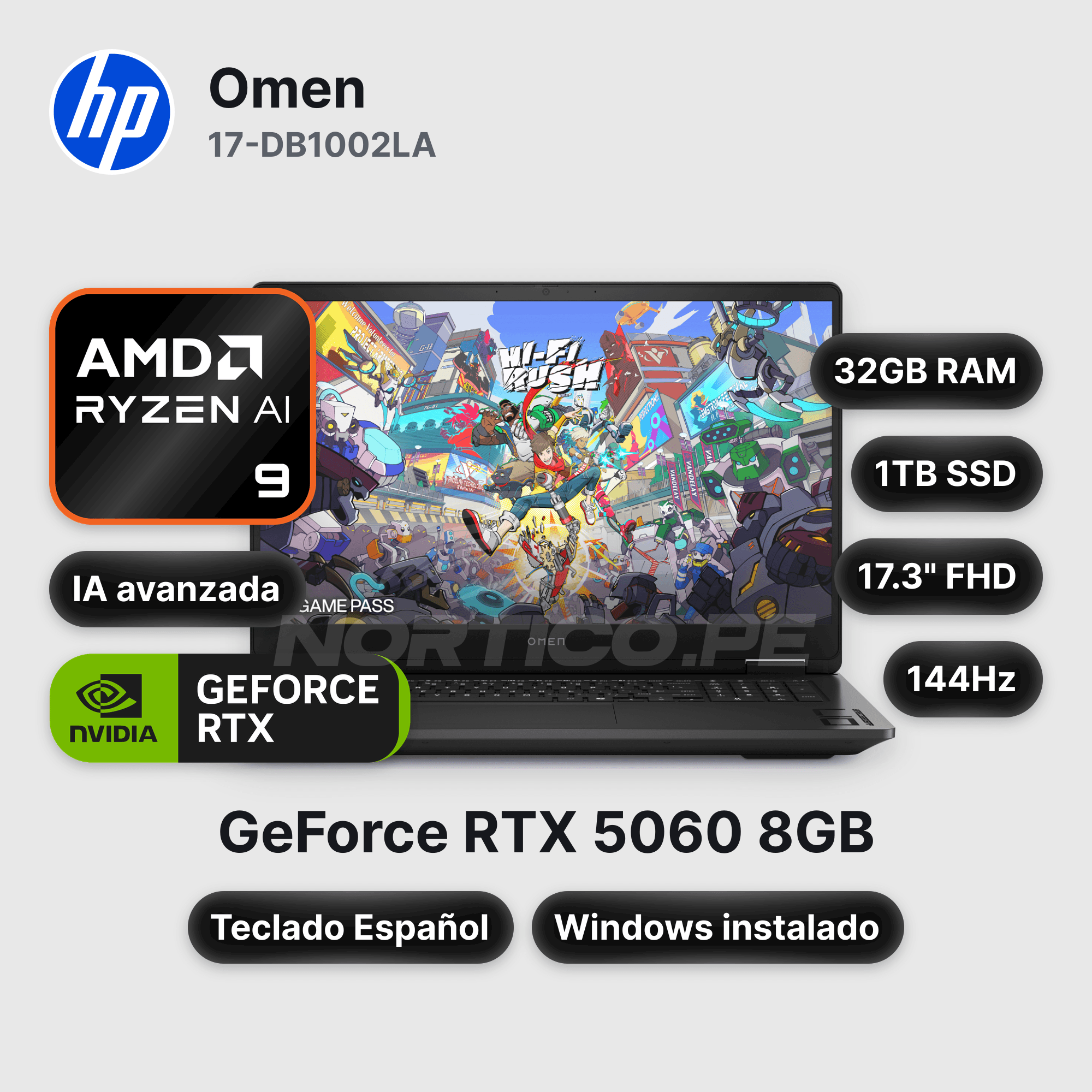 Laptop HP Omen 17-DB1002LA Ryzen AI 9 365 32GB 1TB SSD RTX 5060 17.3" (CW4G9LA#ABM)