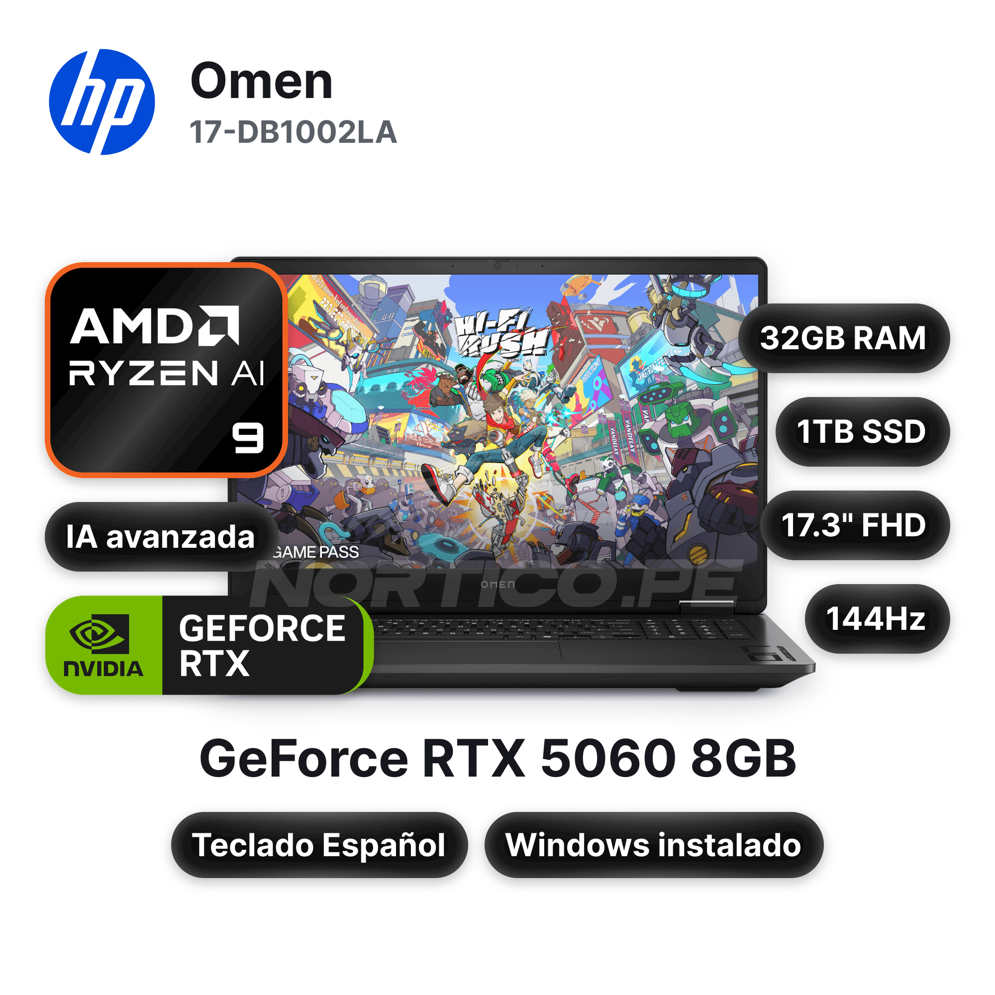 Laptop HP Omen 17-DB1002LA Ryzen AI 9 365 32GB 1TB SSD RTX 5060 17.3" (CW4G9LA#ABM)