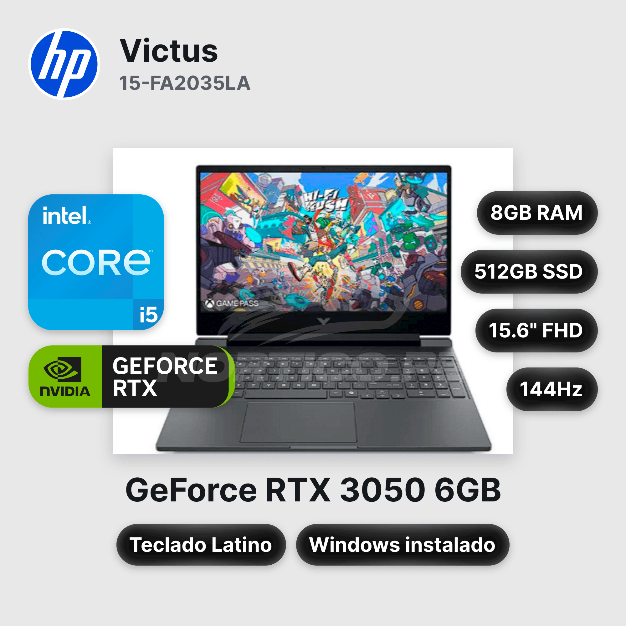 Laptop HP Victus 15-FA2035LA Core I5-13420H 8GB 512GB SSD RTX 3050 15.6" (D74JMLA#ABM)
