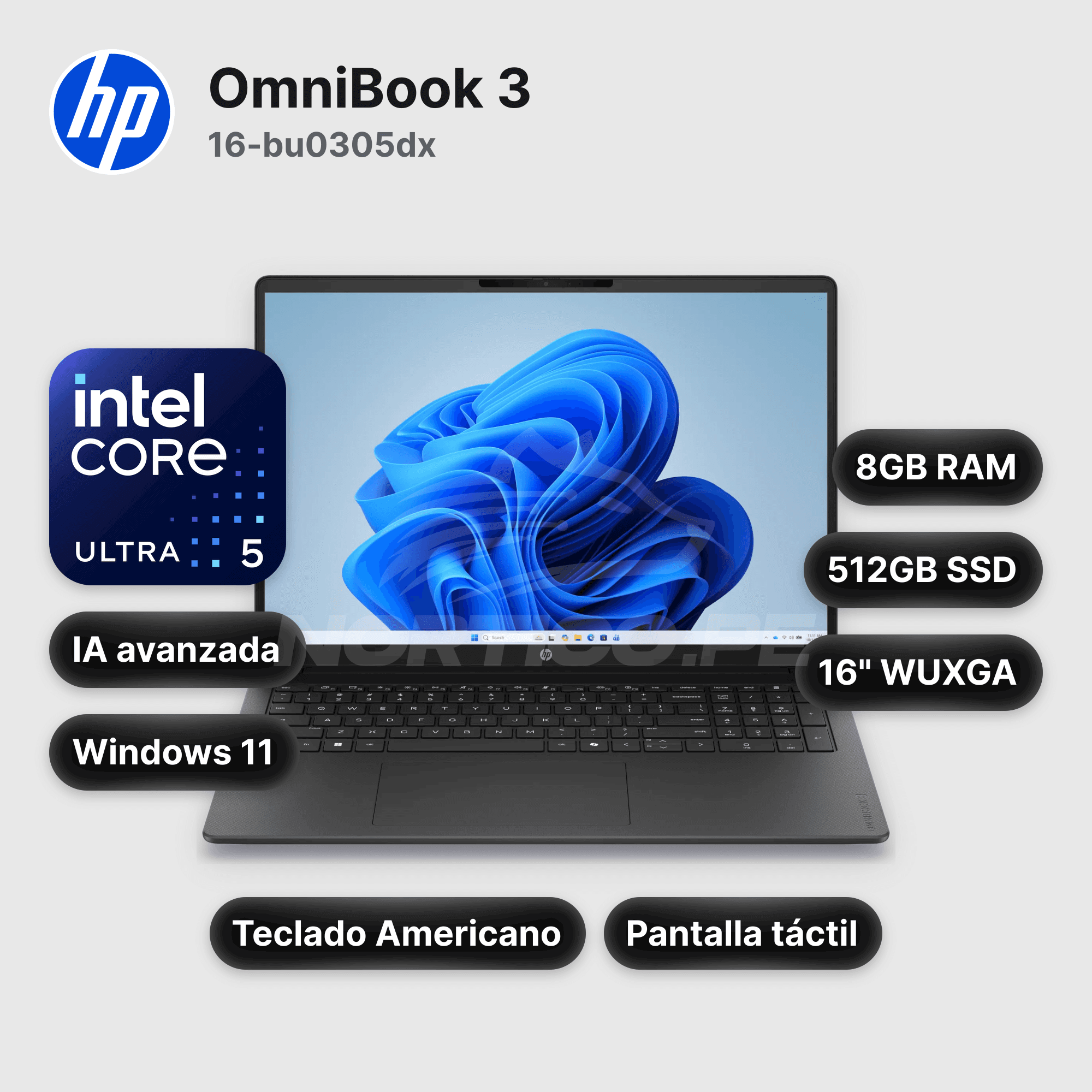Laptop HP OmniBook 3 16-bu0305dx Core Ultra 5-225U 8GB 512GB SSD 16" (D7NF1UA#ABA)