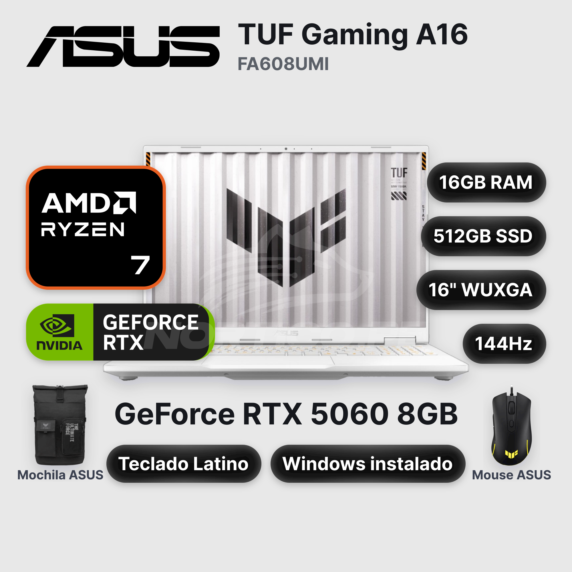 Laptop ASUS TUF Gaming A16 FA608UMI Ryzen 7-260 16GB 512GB SSD RTX 5060 16" (90NR0KV6-M00J90)