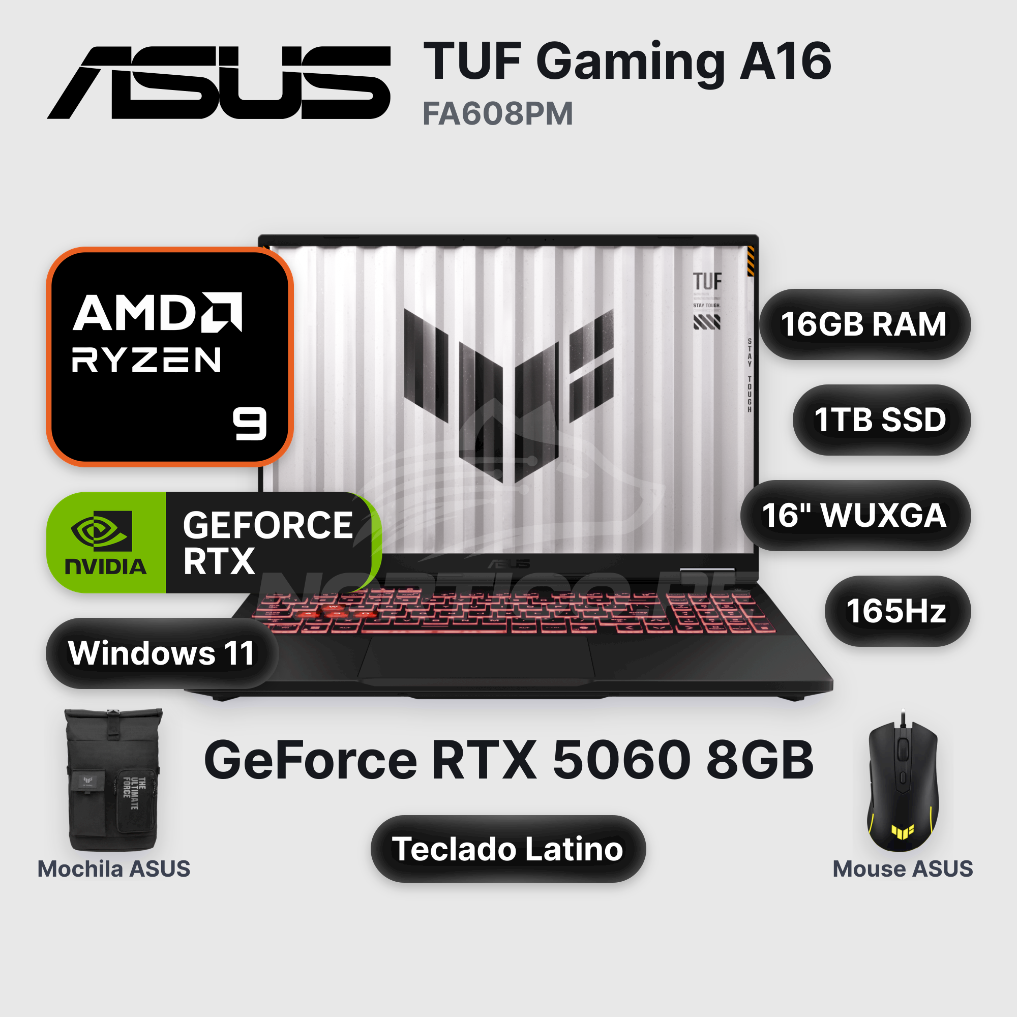 Laptop ASUS TUF Gaming A16 FA608PM Ryzen 9-8940HX 16GB 1TB SSD RTX 5060 16" (90NR0MC1-M005N0)