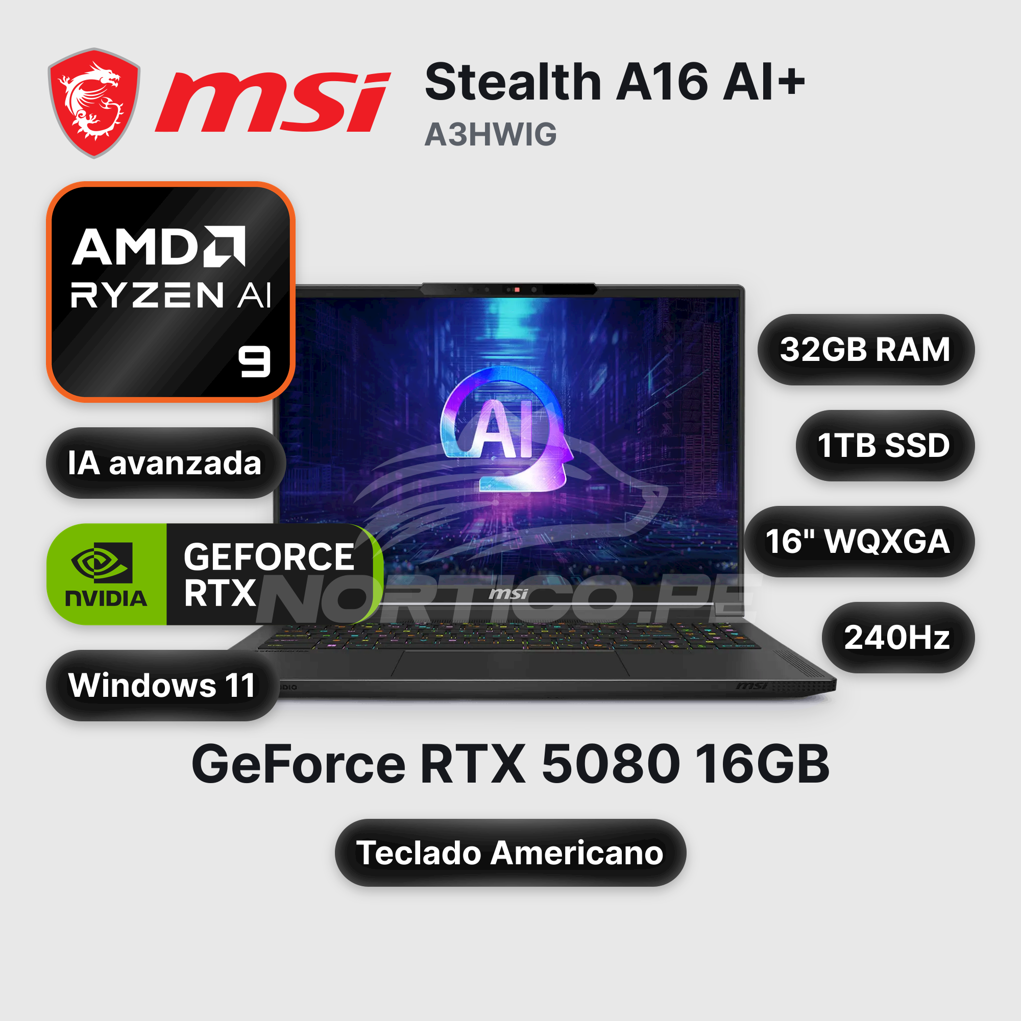 Laptop MSI Stealth A16 AI+ A3HWIG 32GB 1TB SSD RTX 5080 16" (BBARI36532GXXDX11NGP)