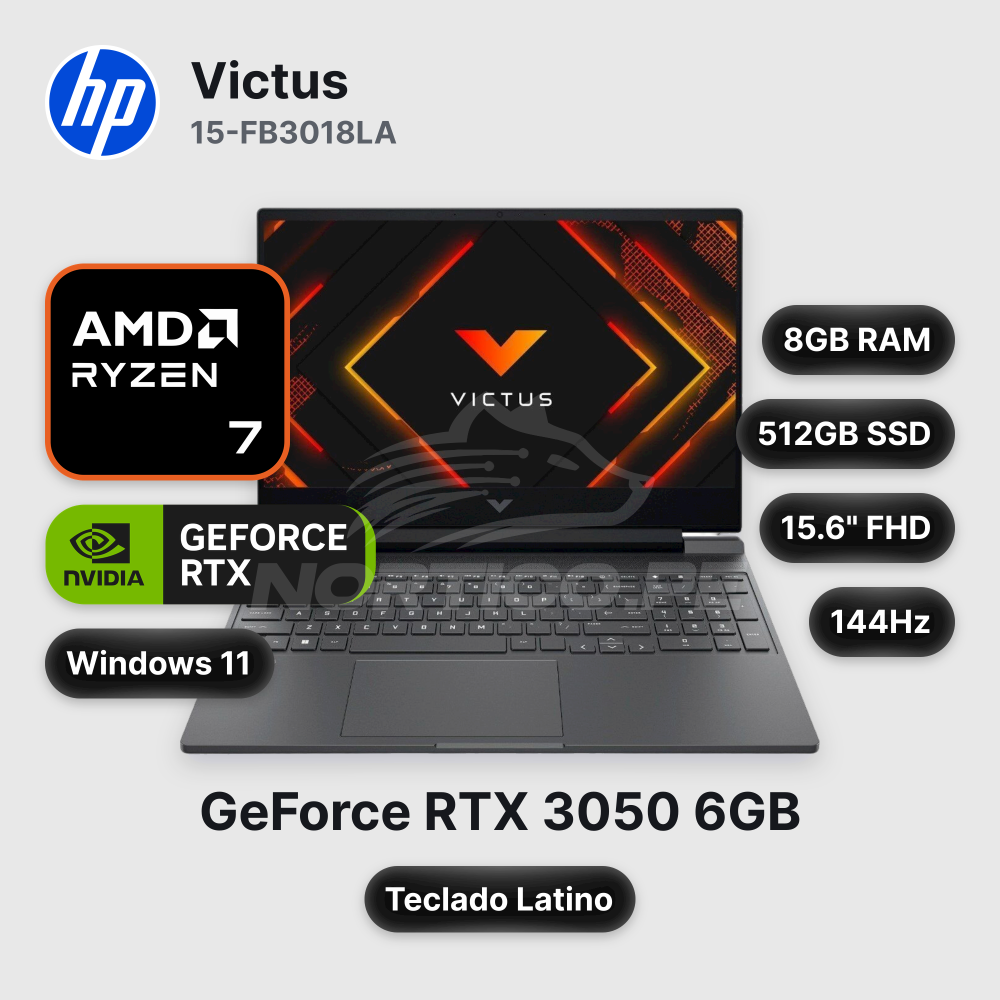 Laptop HP Victus 15-FB3018LA Ryzen 7-7445HS 8GB 512GB SSD RTX 3050 15.6" (BT4F5LA#ABM)