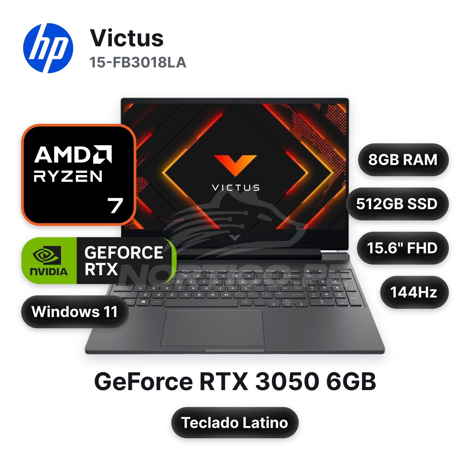 Laptop HP Victus 15-FB3018LA Ryzen 7-7445HS 8GB 512GB SSD RTX 3050 15.6" (BT4F5LA#ABM)