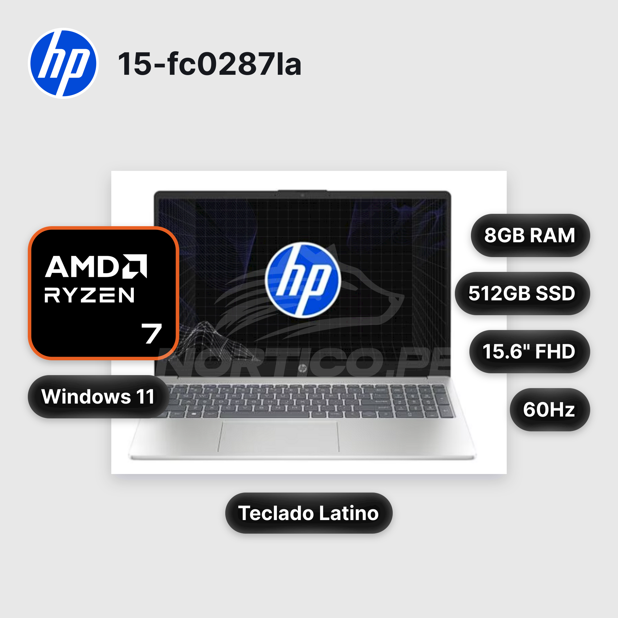 Laptop HP 15-fc0287la Ryzen 7-7730U 8GB 512GB SSD 15.6" (C92PXLA#ABM)