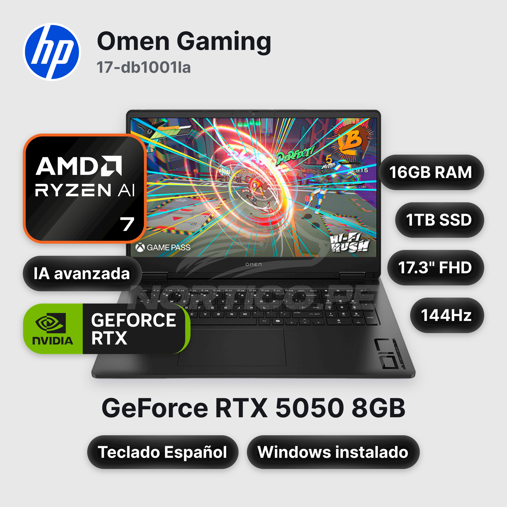 Laptop HP Omen Gaming 17-db1001la Ryzen AI 7 350 16GB 1TB SSD RTX 5050 17.3" (CW4E3LA#ABM)