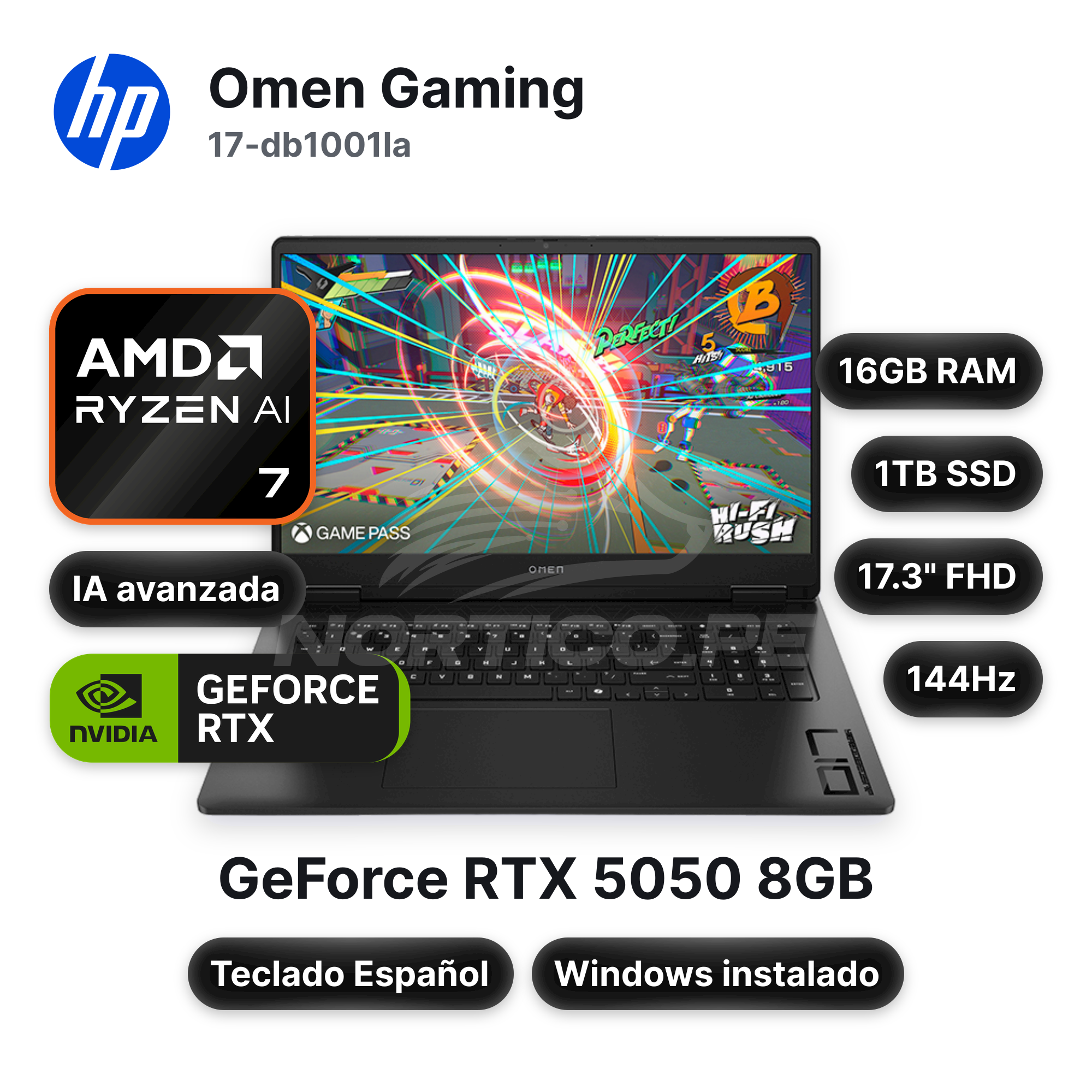 Laptop HP Omen Gaming 17-db1001la Ryzen AI 7 350 16GB 1TB SSD RTX 5050 17.3" (CW4E3LA#ABM)