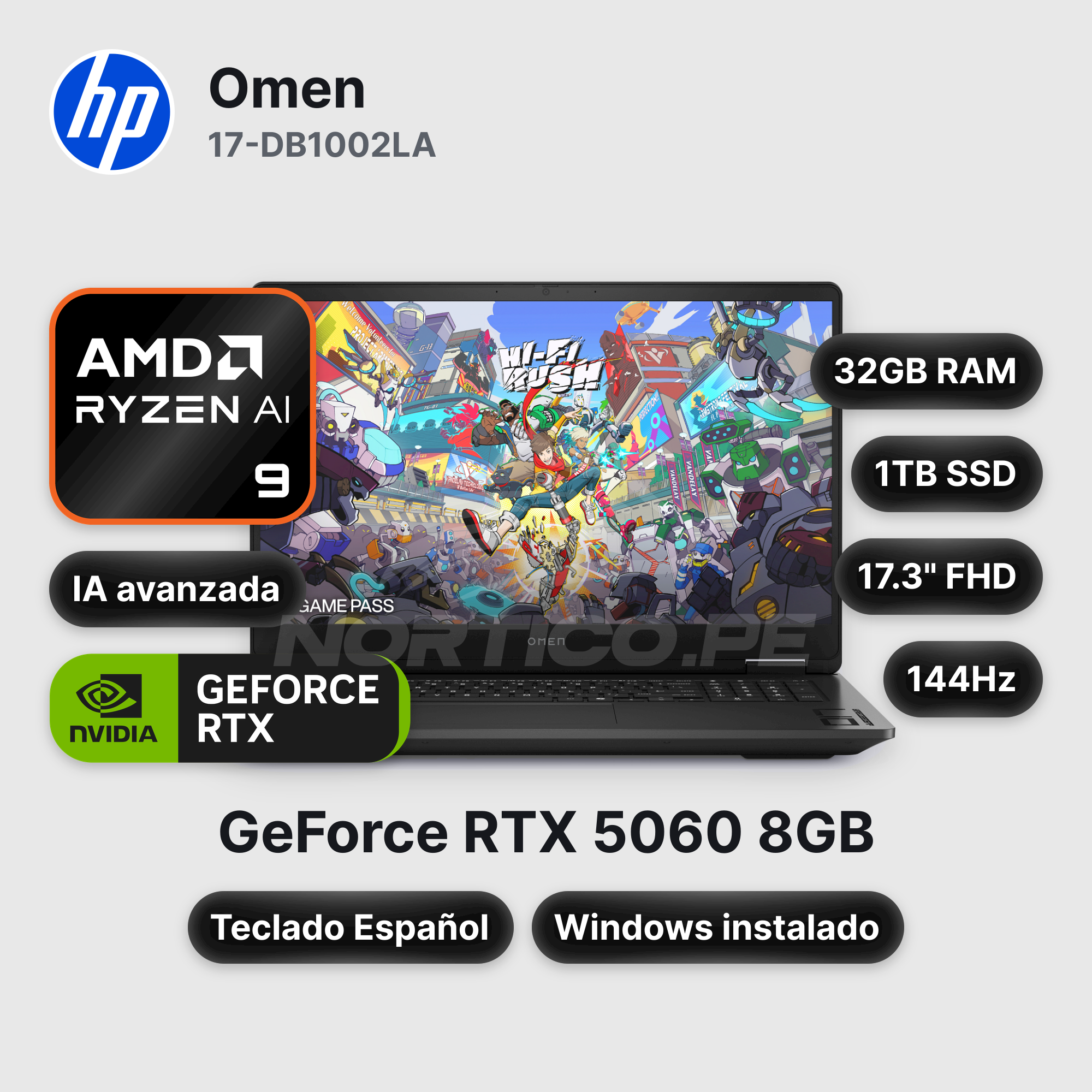Laptop HP Omen 17-DB1002LA Ryzen AI 9 365 32GB 1TB SSD RTX 5060 17.3" (CW4G9LA#ABM)