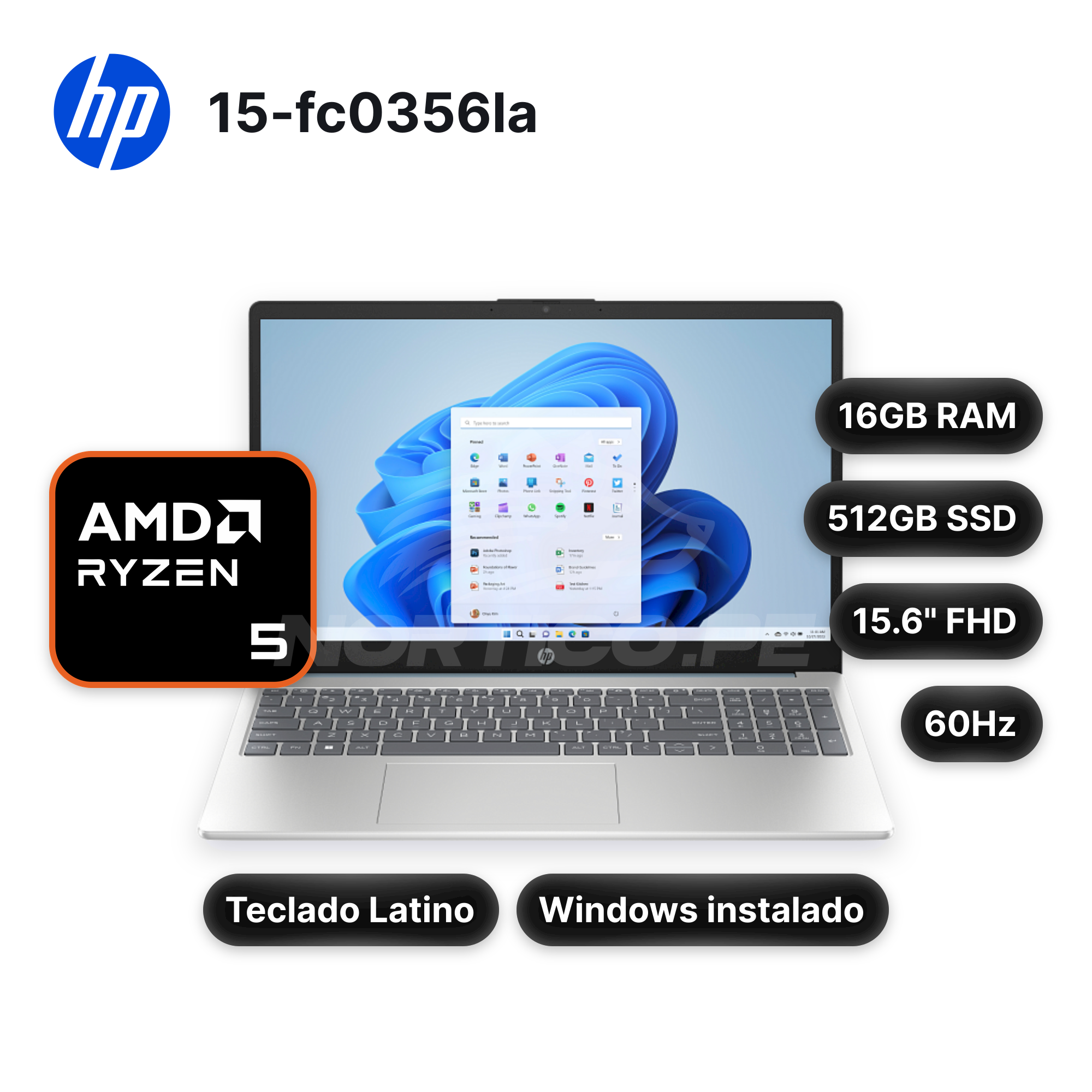 Laptop HP 15-fc0356la Ryzen 5-7530U 16GB 512GB SSD 15.6" (D6ZS8LA#ABM)
