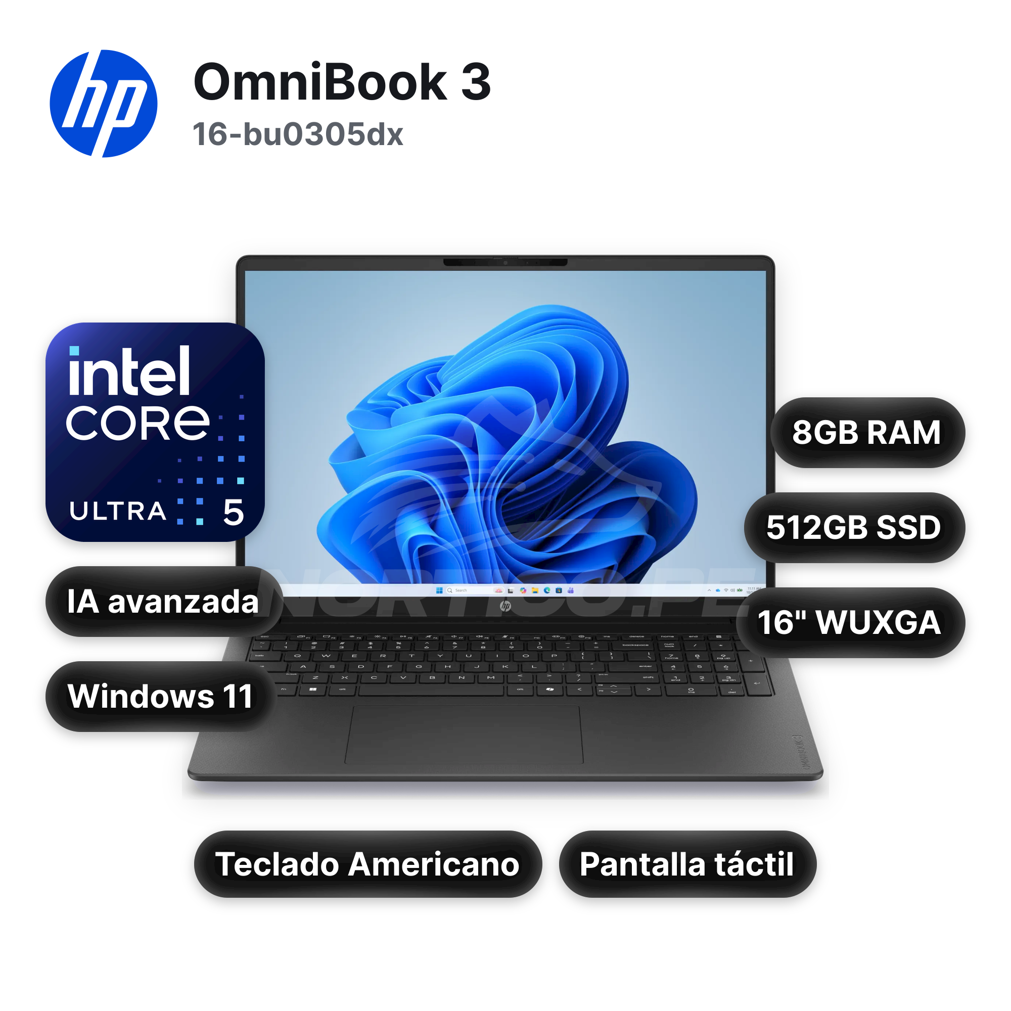 Laptop HP OmniBook 3 16-bu0305dx Core Ultra 5-225U 8GB 512GB SSD 16" (D7NF1UA#ABA)