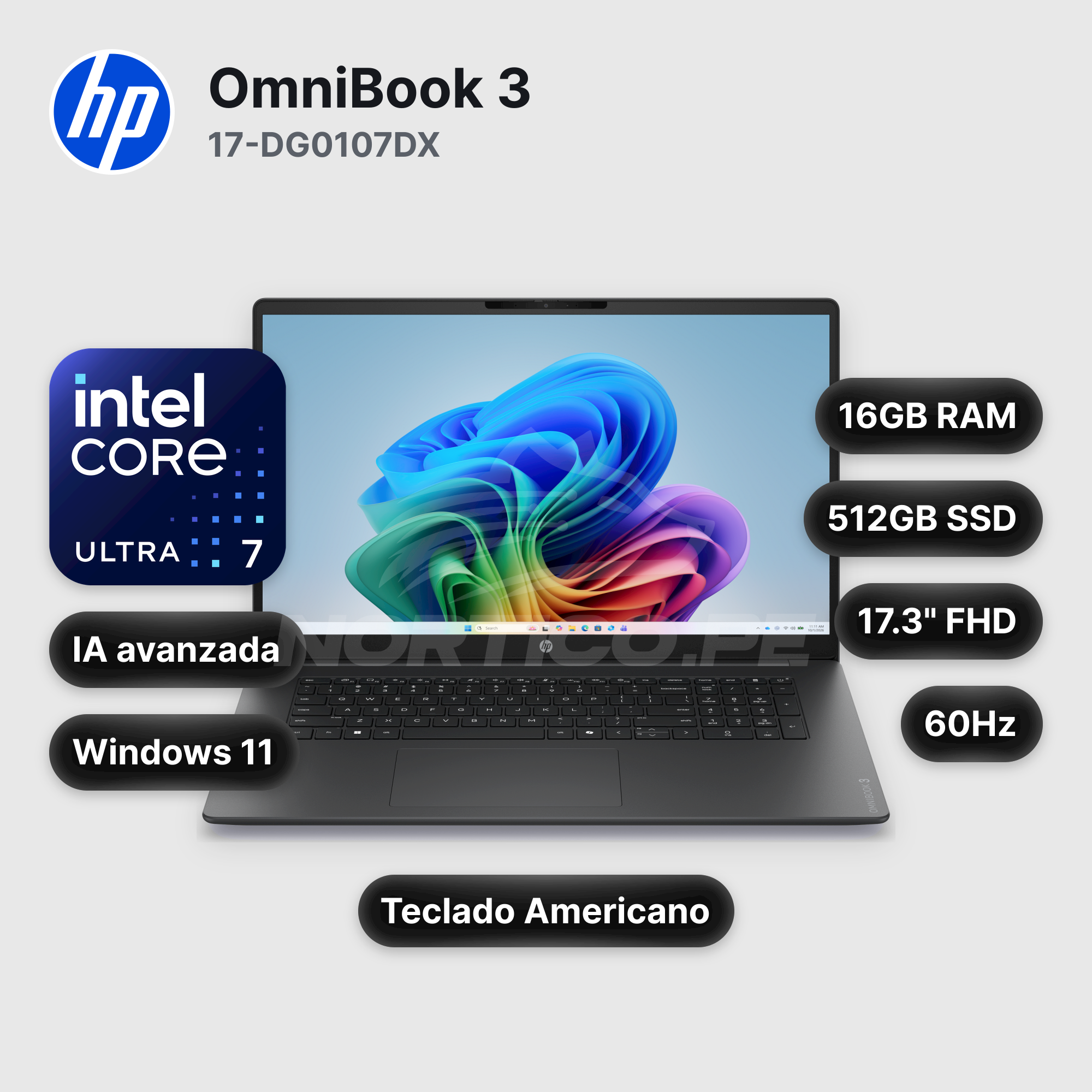 Laptop HP OmniBook 3 17-DG0107DX Core Ultra 7-255U 16GB 512GB SSD 17.3" (D7NF3UA#ABA)