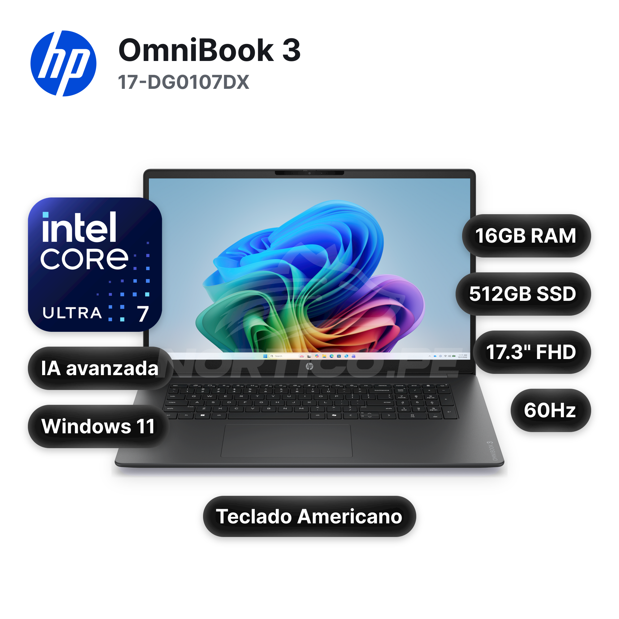 Laptop HP OmniBook 3 17-DG0107DX Core Ultra 7-255U 16GB 512GB SSD 17.3" (D7NF3UA#ABA)