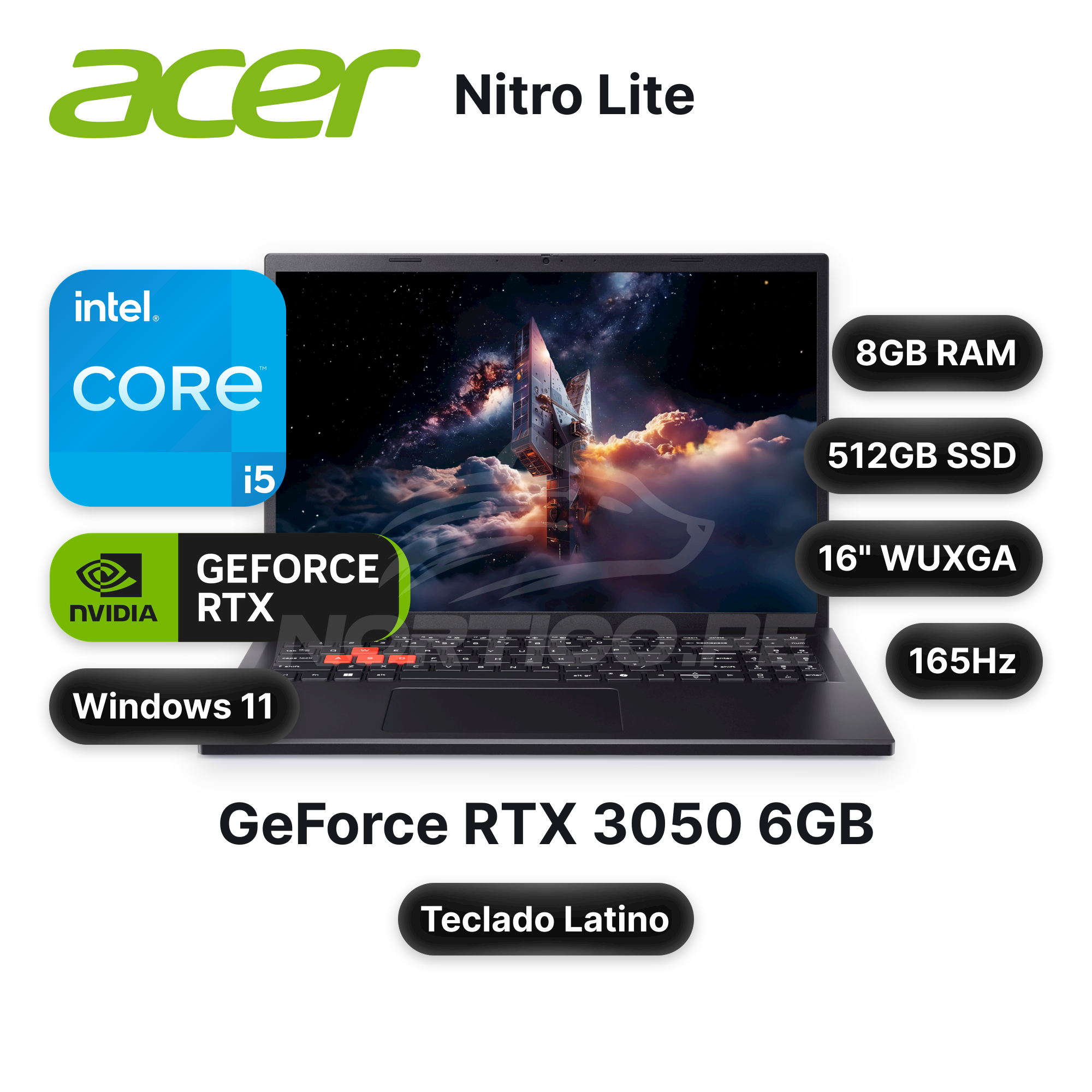 Laptop Acer Nitro Lite Core I5-13420H 8GB 512GB SSD RTX 3050 16" (NH.DADAL.001)