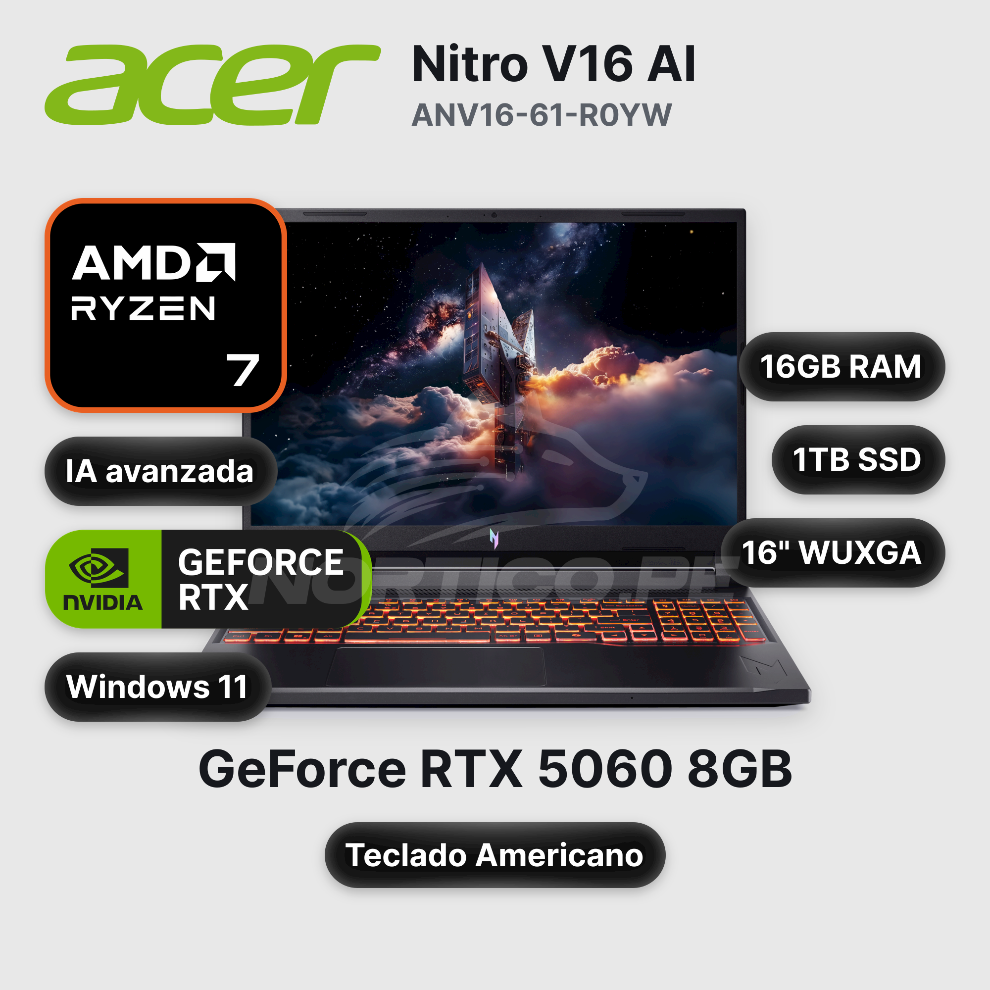 Laptop Acer Nitro V16 AI ANV16-61-R0YW Ryzen 7-350 16GB 1TB SSD RTX 5060 16" (NH.U25AA.001)