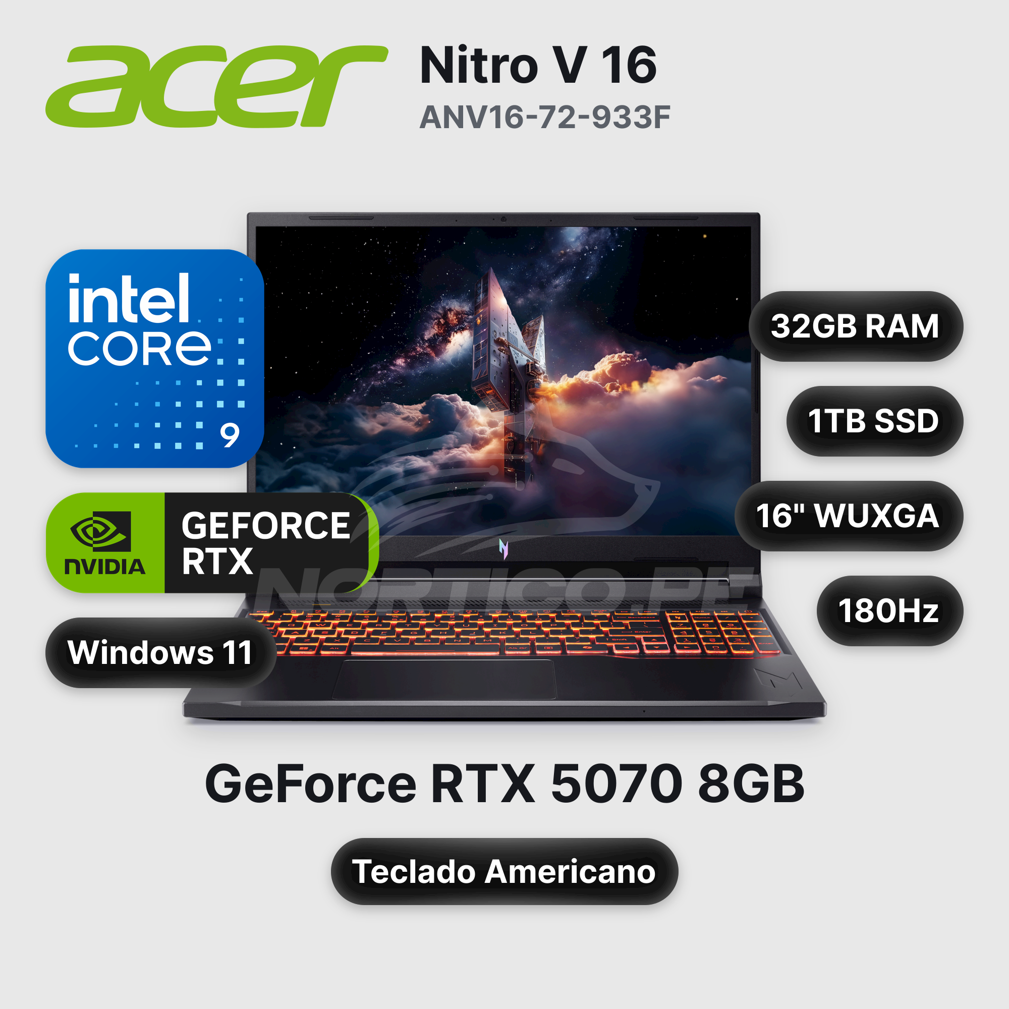 Laptop Acer Nitro V 16 ANV16-72-933F Core 9-270H 32GB 1TB SSD RTX 5070 16" (NH.U2FAA.003)