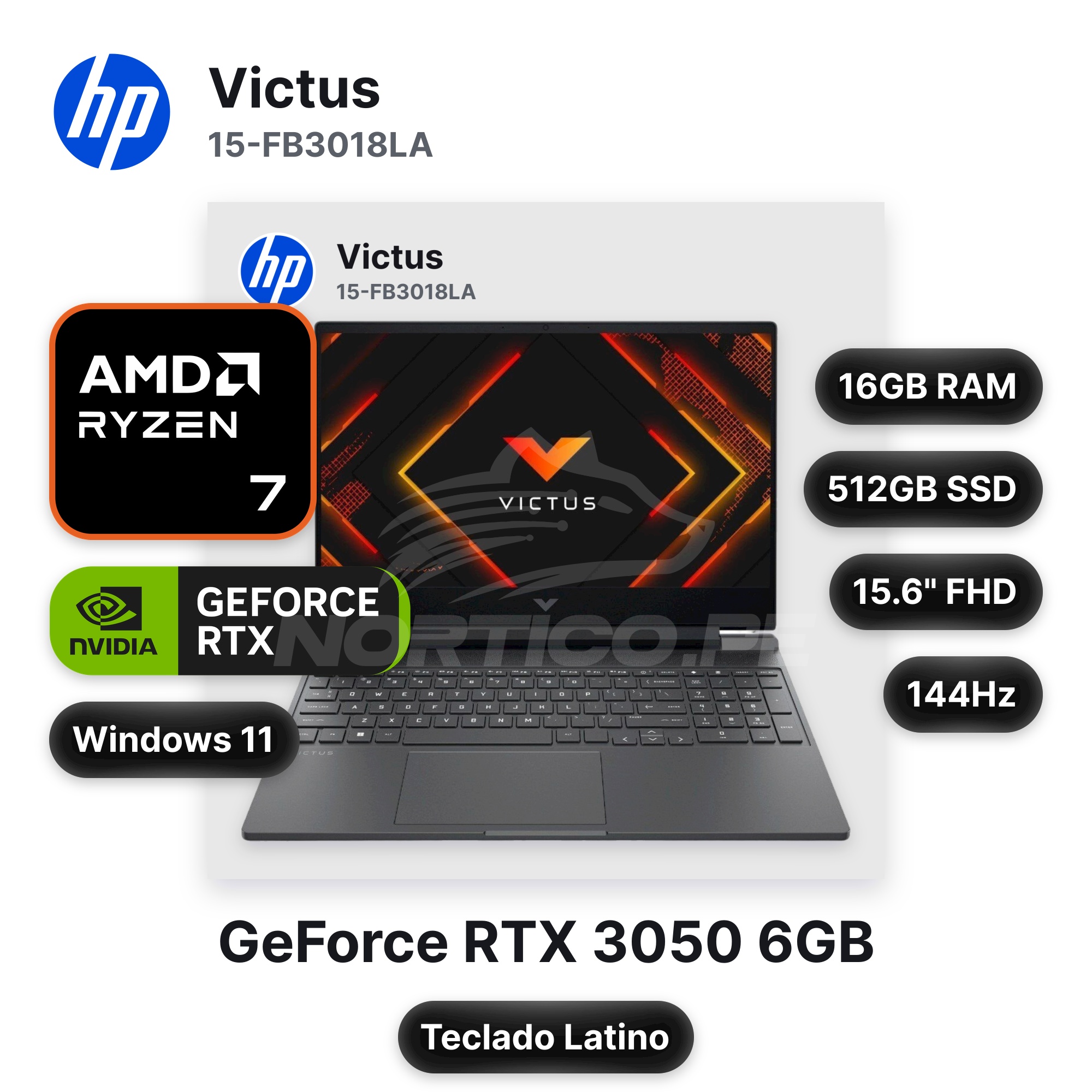 Laptop HP Victus 15-FB3018LA Ryzen 7-7445HS 16GB 512GB SSD RTX 3050 15.6" (RPT-BT4F5LA#ABM)